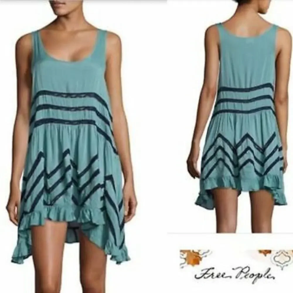 FREE PEOPLE Womens Polka Dot Lace Trapeze Dress in Navy and Muted Teal Size XS